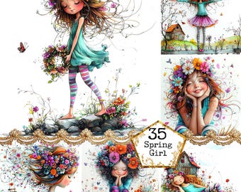 JPEG Watercolor Spring Girl Clipart Bundle Whimsical Girl Quirky Girls Spring Clipart Instant Download Paper Craft Junk Journal Scrapbooking