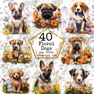 Aquarell Hunde mit Blumen Clipart Bundle PNG Wildblumen Clipart Hunderassen PNG Sofortiger Download Papier Handwerk Junk Journal Scrapbooking