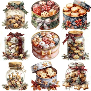 May include: A collection of nine jars and boxes filled with various cookies and candies. The jars are decorated with ribbons and bows, and the boxes are decorated with festive designs. The cookies and candies are arranged in a variety of shapes and colors.