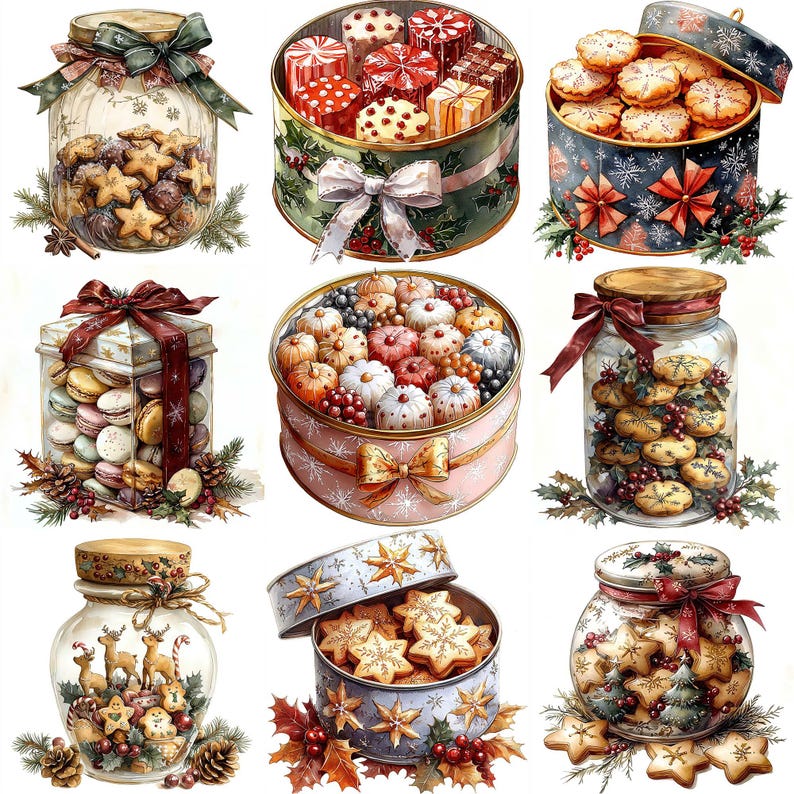 May include: A collection of nine jars and boxes filled with various cookies and candies. The jars are decorated with ribbons and bows, and the boxes are decorated with festive designs. The cookies and candies are arranged in a variety of shapes and colors.
