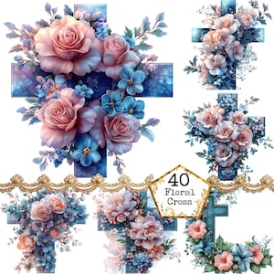 PNG + JPEG aquarelle floral croix Clipart Bundle Clipart religieux Clipart chrétien Téléchargement instantané Paper Craft Junk Journal Scrapbooking