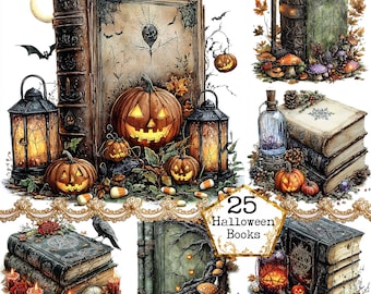 JPEG Watercolor Spell Books Clipart Bundle Watercolor Gothic Books Skull Pumpkin Instant Download Paper Crafts Junk Journal Scrapbooking