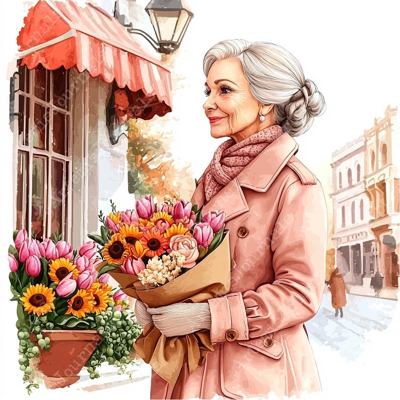 JPEG Watercolor Elderly Spring Lady With Flowers Clipart Bundle Woman ...