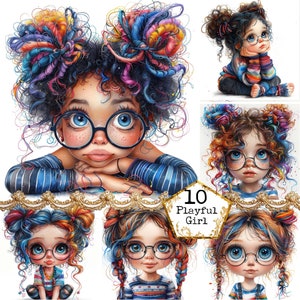 JPEG Aquarell Süßes kleines Mädchen Clipart Bundle JPEG Regenbogen Haar Kommerzielle Nutzung Sofortiger Download Papier Handwerk Junk Journal Scrapbooking
