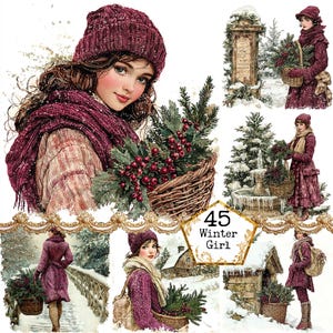 Sfondi JPEG Acquerello Ragazza di Natale Paesaggio invernale Cottagecore Natale Download immediato Artigianato di carta Diario spazzatura Scrapbooking