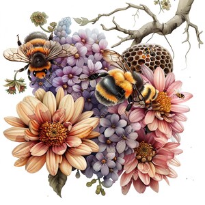 K&ouml;nnte beinhalten: Ein lebendiger Blumenstrau&szlig; mit rosa, lila und gelben Bl&uuml;ten und zwei Hummeln im Flug. Die Blumen sind um eine Wabenstruktur angeordnet.
