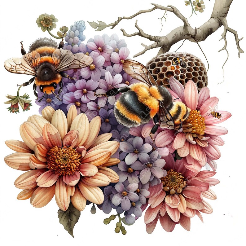 K&ouml;nnte beinhalten: Ein lebendiger Blumenstrau&szlig; mit rosa, lila und gelben Bl&uuml;ten und zwei Hummeln im Flug. Die Blumen sind um eine Wabenstruktur angeordnet.