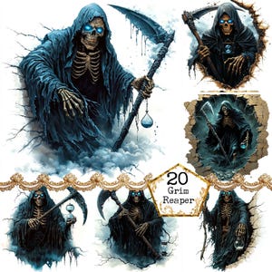 May include: A set of 20 digital images featuring a Grim Reaper with a scythe and hourglass. The images are in a dark, gothic style with a blue and black color scheme.