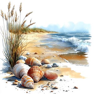 a painting of seashells on a sandy beach