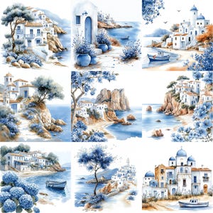 a painting of a blue and white landscape