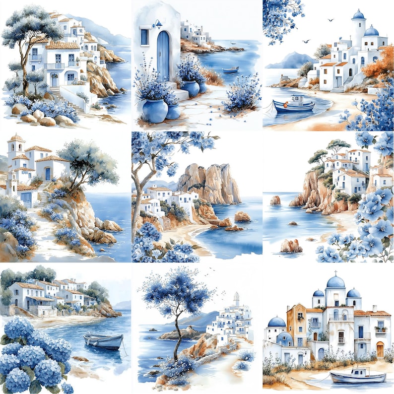 a painting of a blue and white landscape