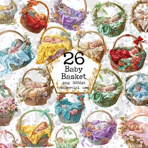PNG Bambino in un cestino Clipart Baby Girl Boy Clip Art Nursery Wall Art Cesto pasquale Infant Png Baby Shower Download immediato Artigianato di carta
