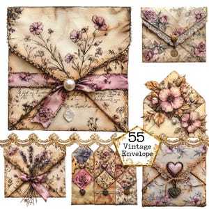Paquete de imágenes prediseñadas de sobres vintage PNG + JPEG, imágenes prediseñadas de cartas de amor antiguas, arte floral, descarga instantánea, manualidades de papel, diario basura, álbumes de recortes