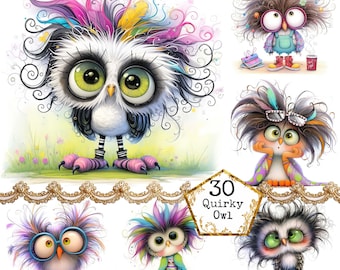 JPEG Watercolor Quirky Owl Clipart Bundle Watercolor Whimsical Bird Clipart Instant Download Paper Crafts Junk Journal Scrapbooking