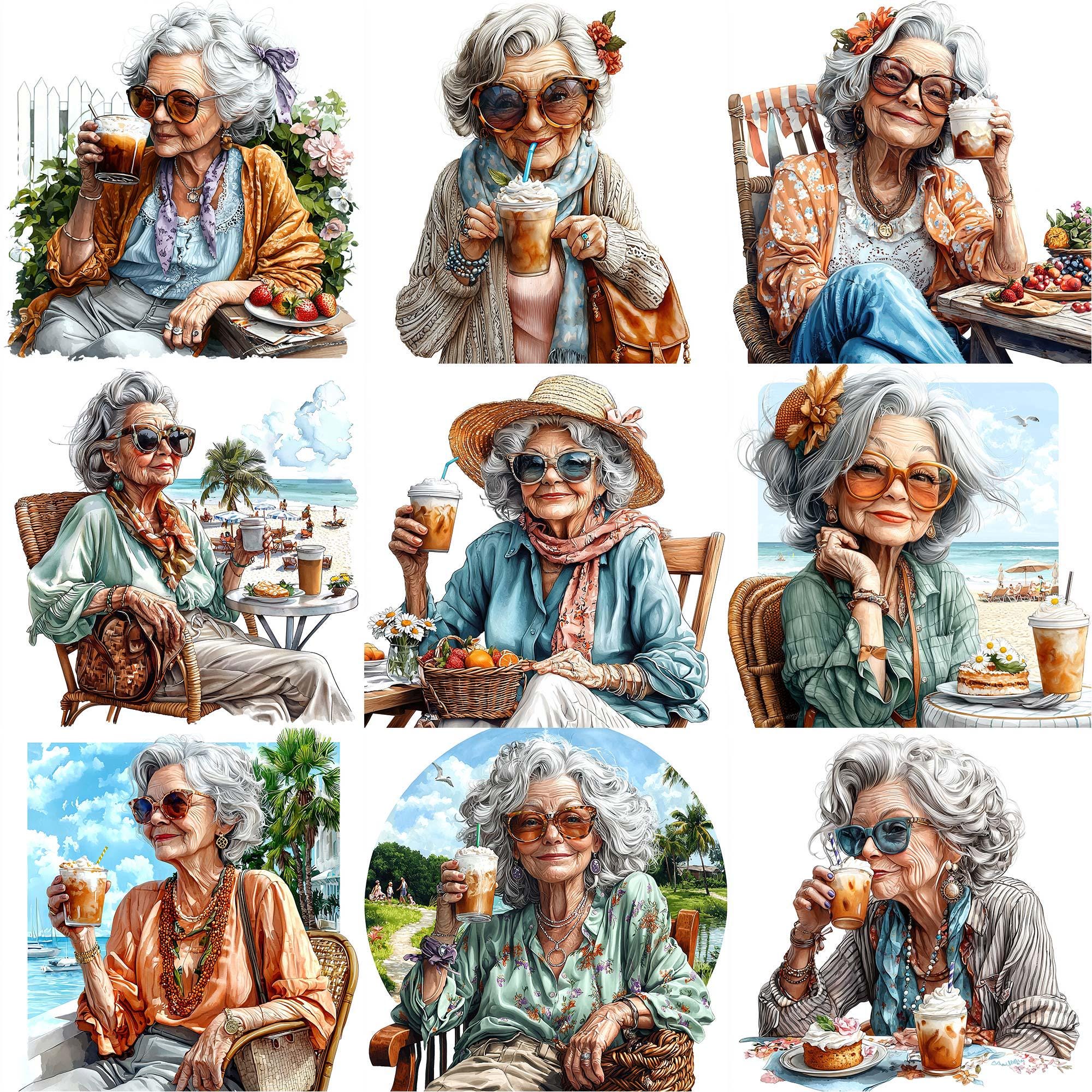 JPEG Watercolor Elderly Lady on Holliday Clipart Bundle Drinking Coffee ...