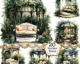 May include: A set of 20 watercolor illustrations of garden gazebos with benches. The gazebos are made of black metal and have a variety of designs. The benches are made of white metal and have cushions. The illustrations are set against a white background.