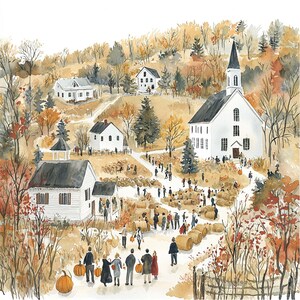 a painting of a group of people walking up a hill