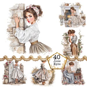 May include: Watercolor illustrations of women in vintage dresses, reminiscent of the Jane Eyre era. The images feature women in various poses, including leaning against stone walls and near a fireplace. The color palette includes soft browns, whites, and muted tones.