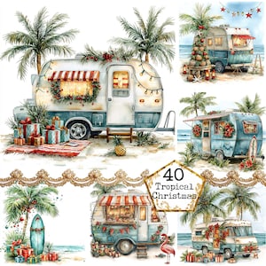 JPEG Acquerello Tropical Christmas Clipart Bundle Download immediato Albero di Natale Natale sull'isola Artigianato di carta Diario spazzatura Scrapbooking