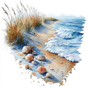 a painting of seashells on a sandy beach