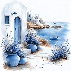 a painting of a house by the water with a boat in the water