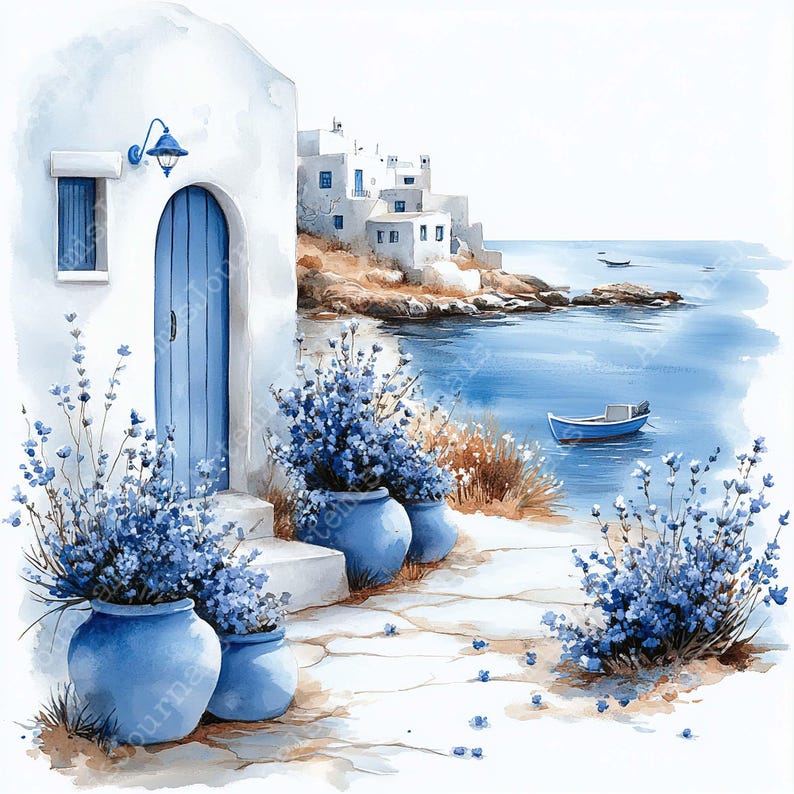 a painting of a house by the water with a boat in the water