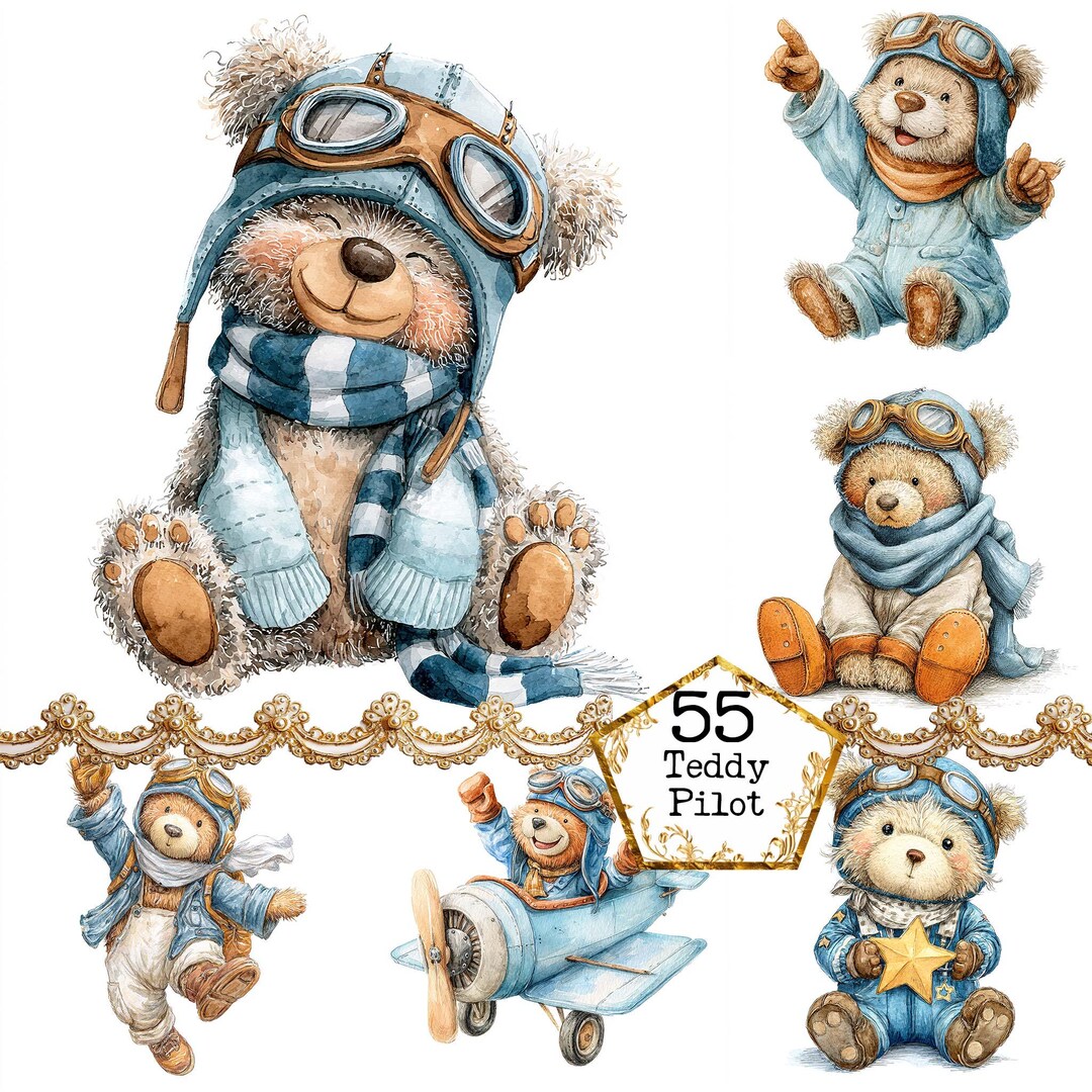 Watercolor Teddy Pilot - JPEG Clipart Bundle Instant Download Paper ...