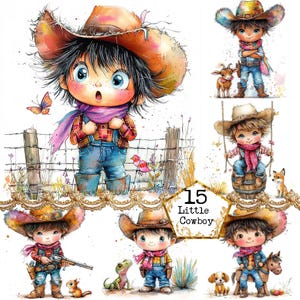 JPEG aquarel kleine cowboy clipart bundel wilde westen clipart kinderkamer kunst cowboy instant download papier ambachten ongewenste dagboek scrapbooking