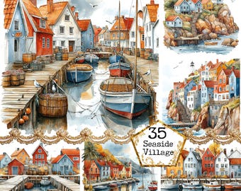 JPEG Immagini di villaggi del porto stravaganti Immagini di barche e navi di città stravaganti Download immediato Artigianato di carta Diario di cianfrusaglie Scrapbooking