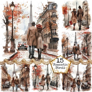 Pareja de acuarela caminando en París JPEG amor Clipart Día de San Valentín Uso comercial Descarga instantánea Artesanías de papel Diario basura Scrapbooking