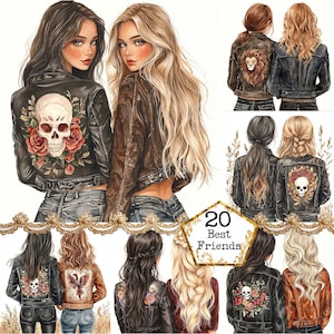 Paquete de imágenes prediseñadas de mejores amigas con chaqueta de cuero de acuarela JPEG, descarga instantánea de imágenes prediseñadas de amistad, manualidades con papel, diario basura, álbumes de recortes