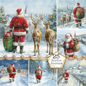 JPEG Arrière-plans de Noël, voyage du père Noël Paysages d'hiver Paysages de Noël Art douillet Téléchargement instantané Créations en papier Journal indésirable Scrapbooking
