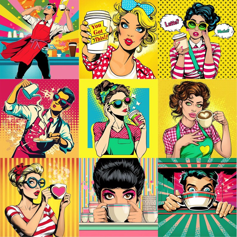 May include: Pop art style illustrations of people enjoying coffee. The images feature baristas and customers with coffee cups, some with speech bubbles. Bright colors and bold lines create a retro comic book aesthetic.