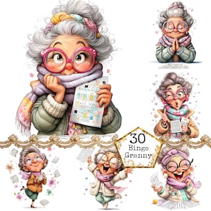 Könnte beinhalten: Digitale Illustration einer Cartoon-älteren Frau mit grauem Haar, rosa Brille und Schal, die eine Bingokarte hält. Das Bild enthält den Text "30 Bingo Granny" und mehrere andere Bilder derselben Figur.