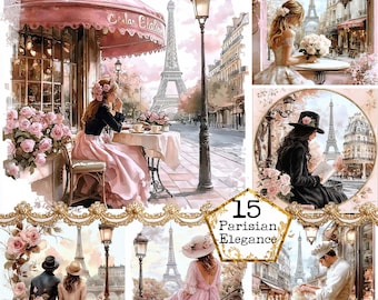 JPEG Watercolor Shabby Chic Paris Scene Clipart Bundle Romantic Clipart Paris Clipart Instant Download Paper Craft Junk Journal Scrapbooking