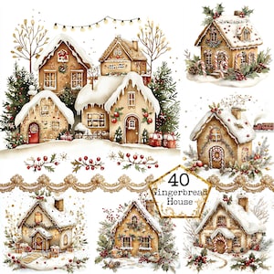 JPEG Acquerello Gingerbread House Clipart Bundle Gingerbread Village House Download immediato Artigianato di carta Diario spazzatura Scrapbooking