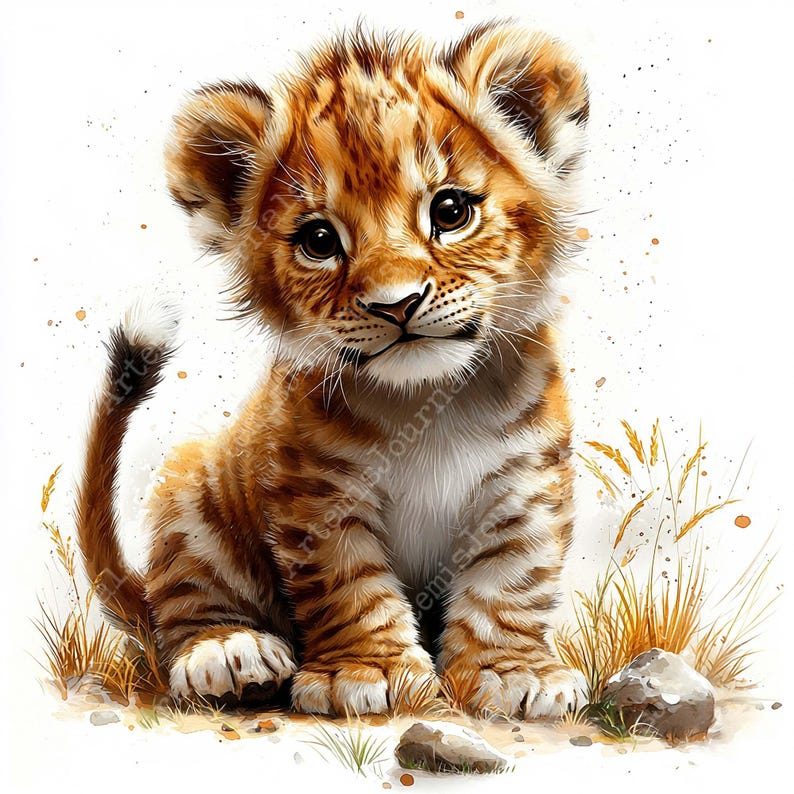 May include: A cute, orange and brown lion cub with a fluffy tail sits on a sandy surface with tall grass in the background. The cub has big, brown eyes and a sweet expression.