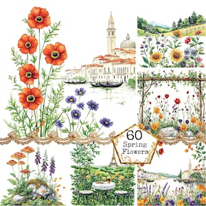 JPEG Watercolor Spring Flowers Clipart Bundle Wild Flowers Clipart Floral Landscape Instant Download Paper Crafts Junk Journal Scrapbooking