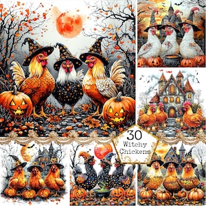 JPEG aquarelle Halloween poulets Clipart Bundle coq citrouille manoir hanté téléchargement immédiat papier artisanat indésirable journal Scrapbooking