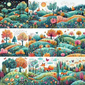 a painting of a landscape with trees and flowers