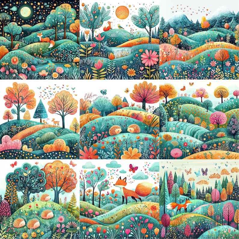 a painting of a landscape with trees and flowers