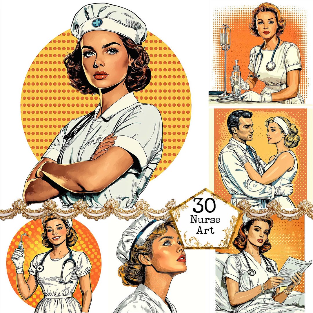 JPEG Retro Nurse Clipart Bundle Pop Art Retro Nurse Clipart