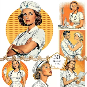 Paquete de imágenes prediseñadas de enfermera retro JPEG Imágenes prediseñadas de enfermera retro de arte pop Uso comercial Descarga instantánea Manualidades de papel Diario basura Scrapbooking
