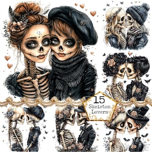 Paquete de imágenes prediseñadas de pareja de esqueletos de Halloween en formato JPEG, imágenes prediseñadas de amor de esqueletos para amantes de Halloween, descarga instantánea, manualidades de papel, diario basura, álbumes de recortes