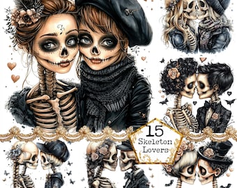 May include: A digital collage of 15 images featuring skeleton couples in various poses. The skeletons are dressed in clothing and accessories, including hats, scarves, and jewelry. The images are set against a white background and feature hearts, butterflies, and bats.