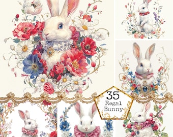 JPEG Vintage Floral Bunny Illustrations Easter Floral Rabbit Clipart Botanical Bunny Instant Download Paper Crafts Junk Journal Scrapbooking