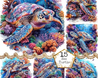 Puede incluir: Ilustraciones en acuarela de tortugas marinas nadando entre coloridos arrecifes de coral. Las tortugas muestran una gama de colores, incluyendo azul, naranja y morado. La imagen incluye el texto "15 Sea Turtle".