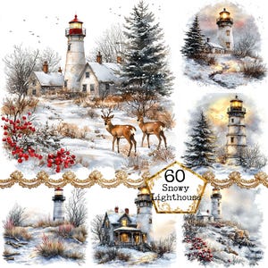 Paquete de imágenes prediseñadas de faro de invierno JPEG, descarga instantánea, ilustraciones de faros, arte festivo, manualidades con papel, diario basura, álbumes de recortes