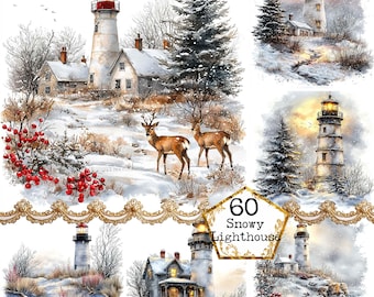 May include: A digital collage of six snowy winter scenes featuring lighthouses, deer, and houses. The collage is titled "60 Snowy Lighthouse".