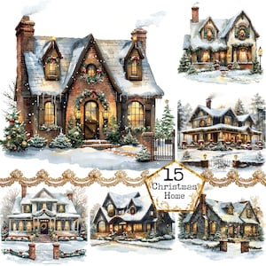 JPEG Weihnachts-Landhaus Clipart Weihnachtskarte Clipart Bundle JPEG Wald-Nabe Clipart Sofortiger Download Papier Handwerk Junk Journal Scrapbooking
